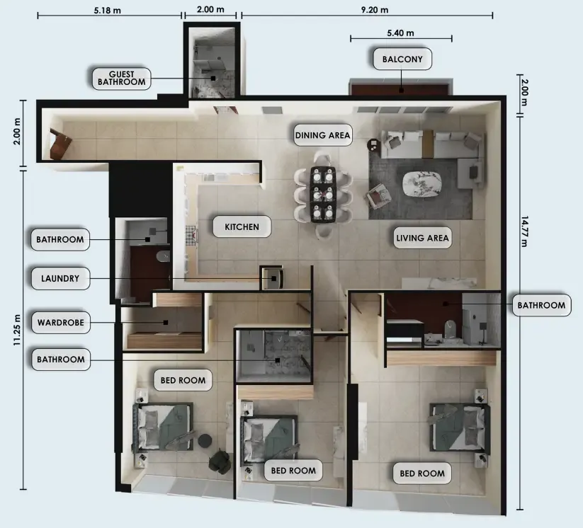 Zenith J1 3 bed floor plan, 2,285 sqft
