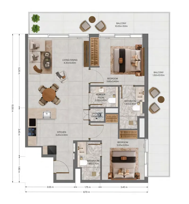 The Archive 2 bed floor plan, 1,227 – 1,228 sqft