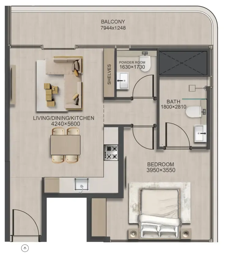 J188 1 bed floor plan, 744 sqft