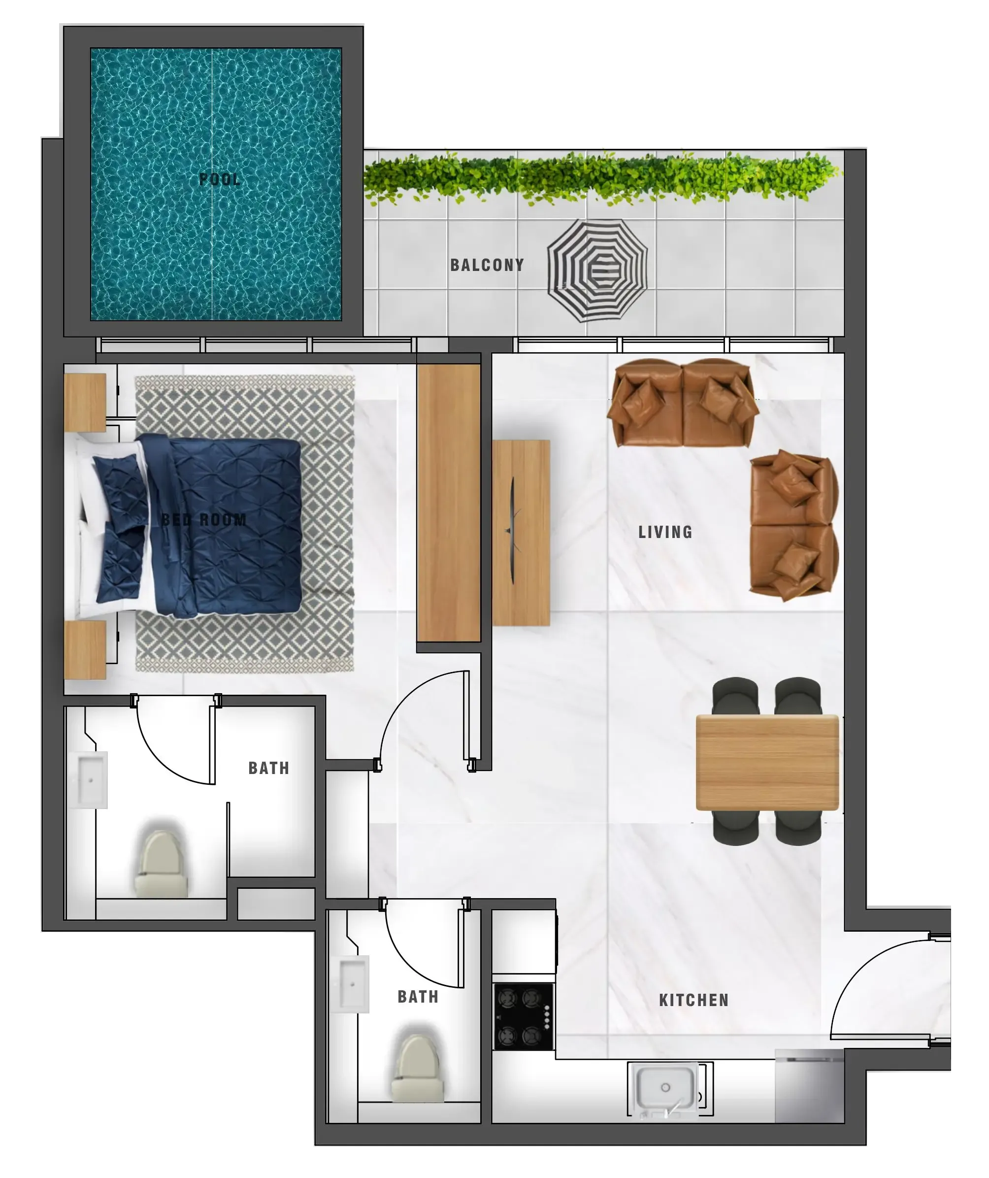 Samana Waves 1 bed floor plan, 744 sqft