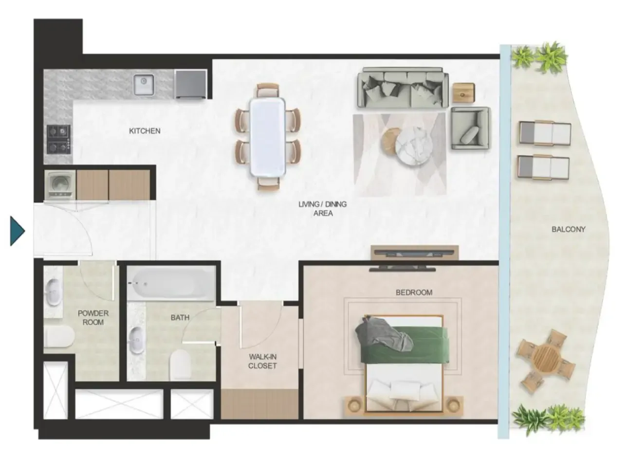Oystra 1 bed floor plan, 1,084 sqft