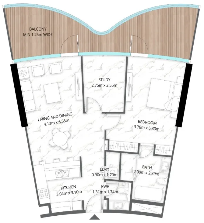 Aqua Arc 1 bed floor plan, 1,306 sqft