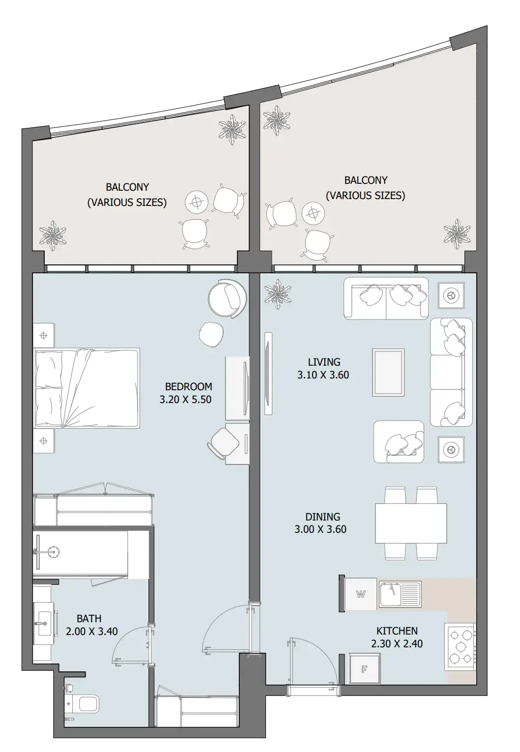 Oceana 1 bed floor plan, 1,011 – 1,190 sqft