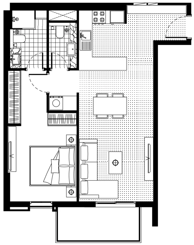 FH Residency 1 bed floor plan, 733 sqft