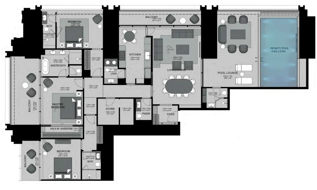 Burj Binghatti Jacob and Co Residences 3 bed floor plan, 3,264 sqft