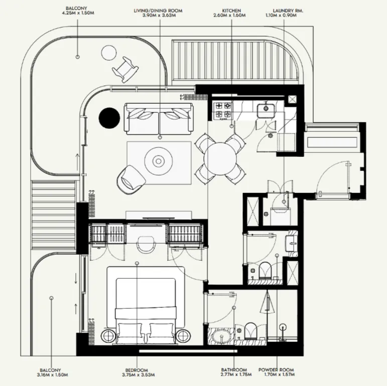 Azizi Venice 1 bed floor plan, 737 sqft