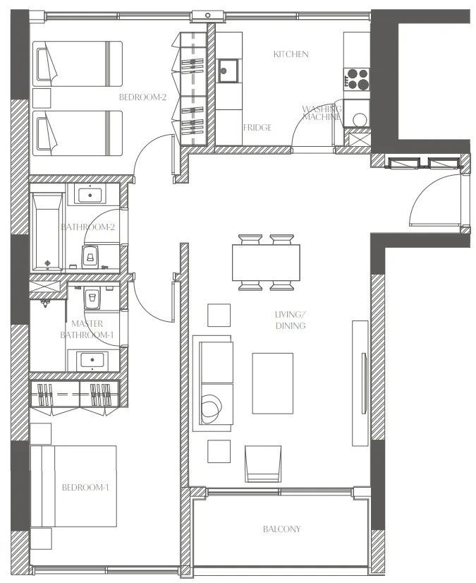 Creekside Residence 2 bed floor plan, 1,127 sqft