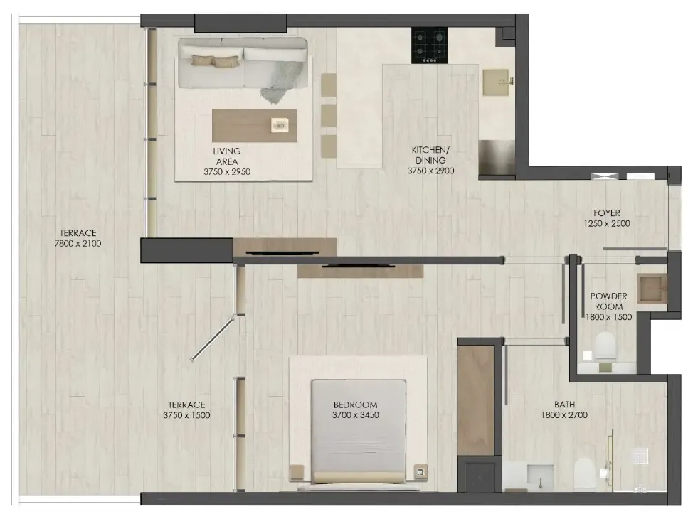 JAD 288 1 bed floor plan, 833 sqft