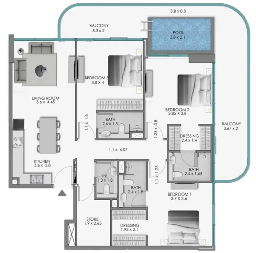 Samana Ocean Bay 3 bed floor plan, 1,737 sqft