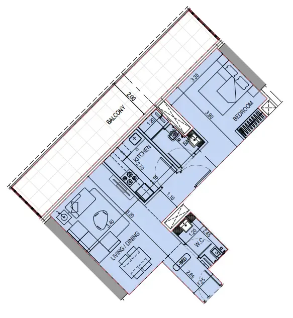 Binghatti Sky Terraces 1 bed floor plan, 884 sqft