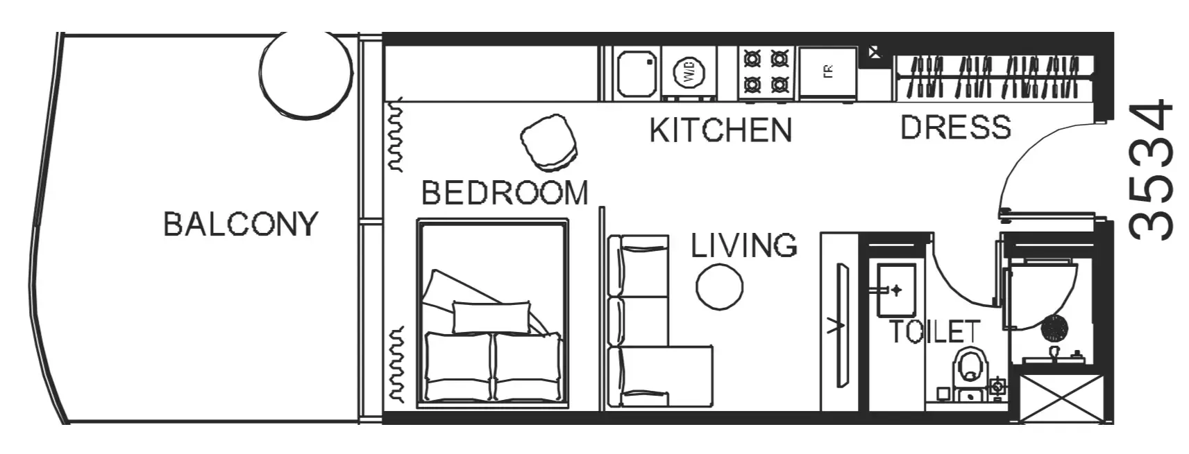 The WOW Tower Studio floor plan, 488 sqft