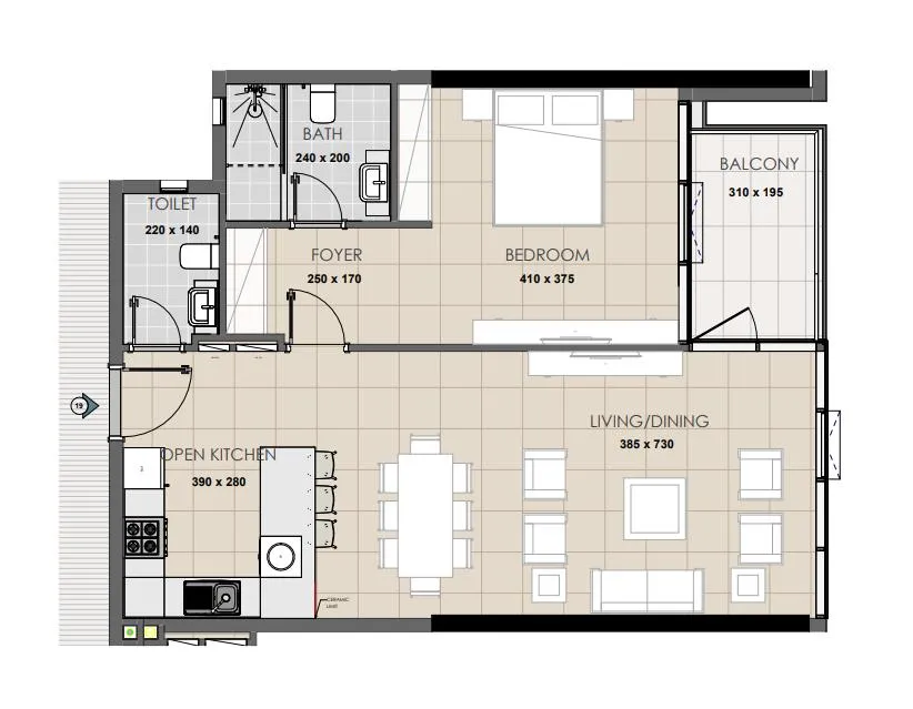 Palatium Residence 1 bed floor plan, 845 sqft