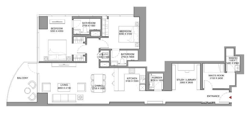 Skyscape 2 bed floor plan, 1,512 – 1,674 sqft