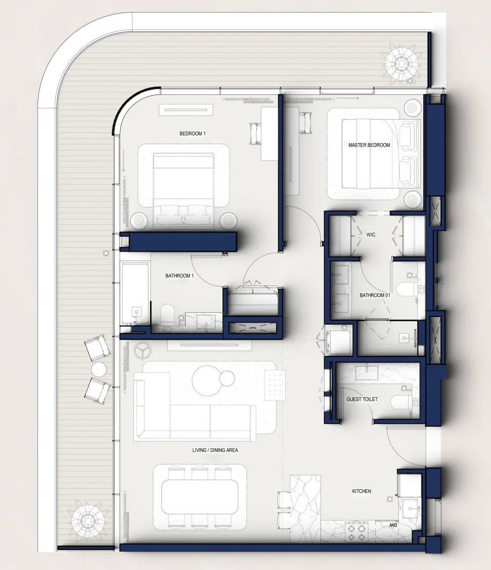 Hilton Residences 2 bed floor plan, 1,402 sqft