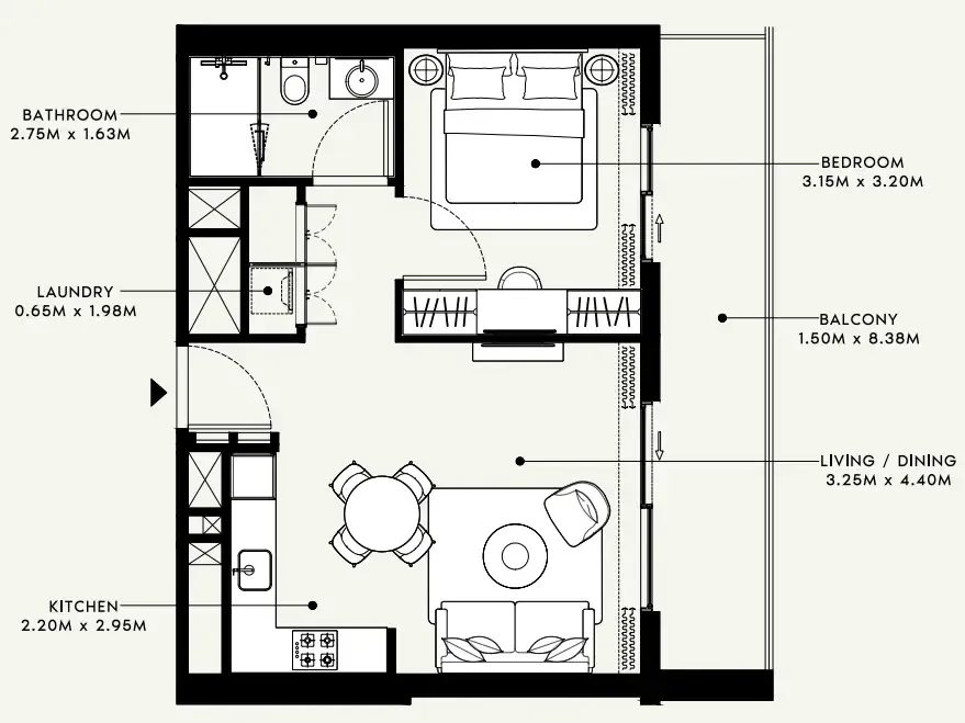 Beach Oasis 1 and 2 1 bed floor plan, 679 sqft