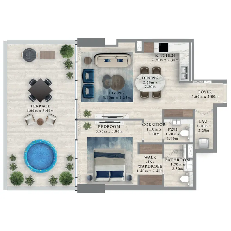 Royal Yacht Club Residence 1 bed floor plan, 1,088 sqft