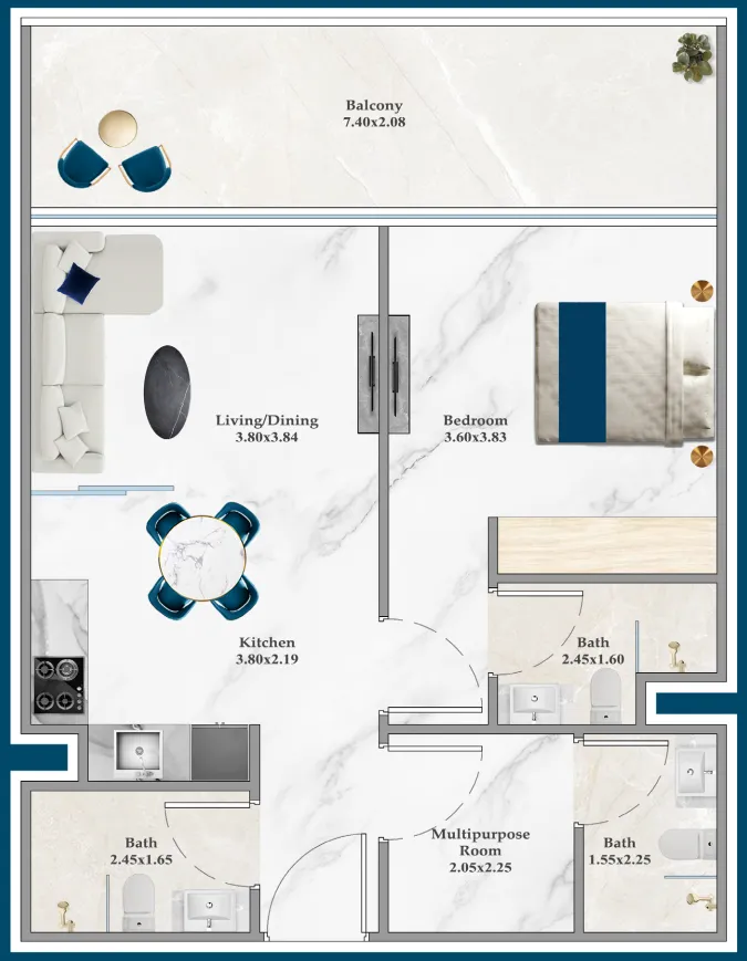 Serenz 1 bed floor plan, 787 sqft