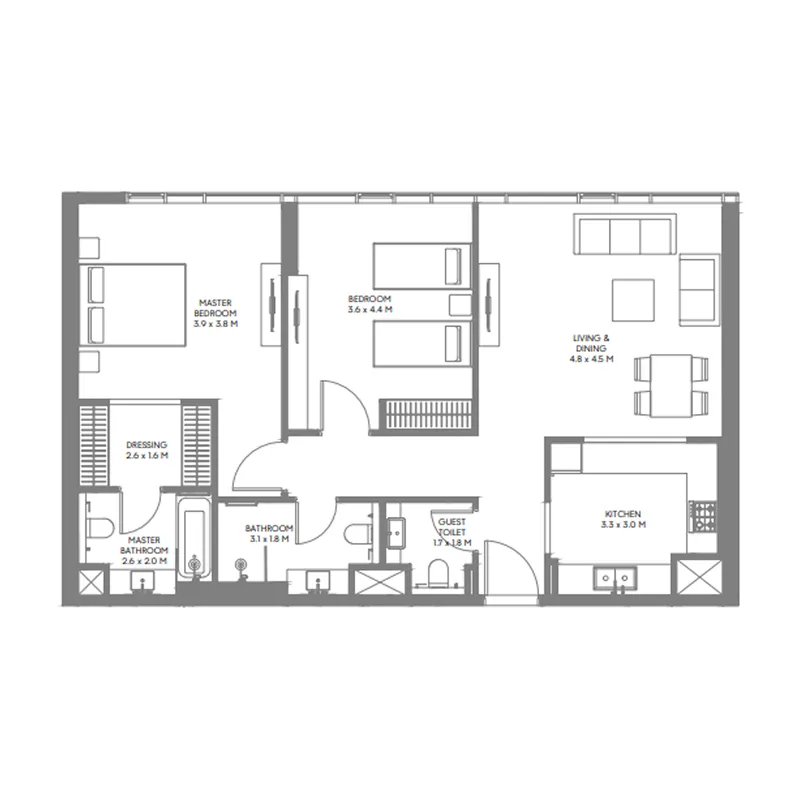 The Gate 6 2 bed floor plan, 1,084 sqft