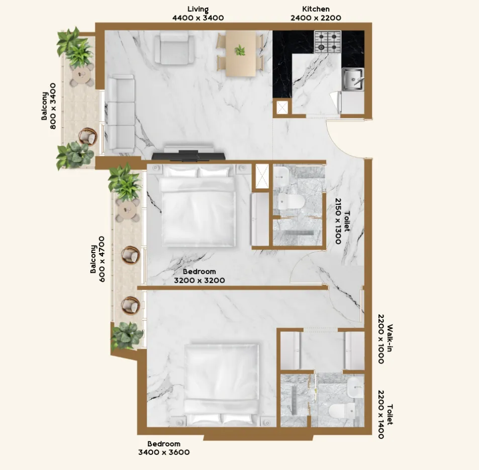 RR Residence 2 bed floor plan, 799 sqft