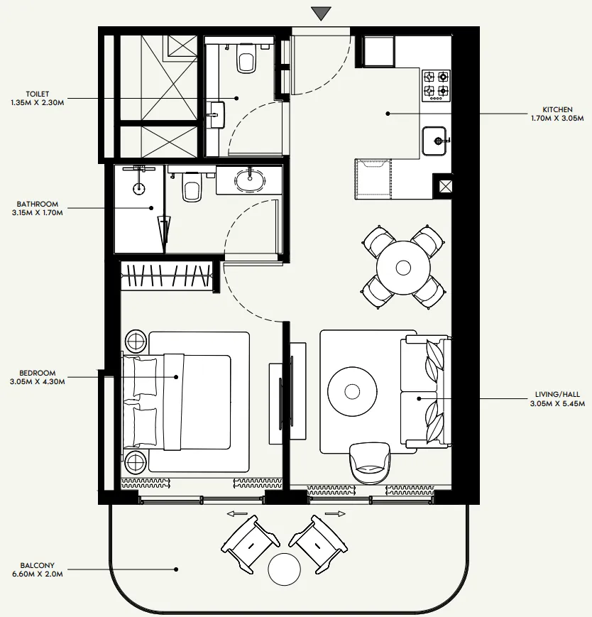 Azizi Venice 1 bed floor plan, 730 sqft