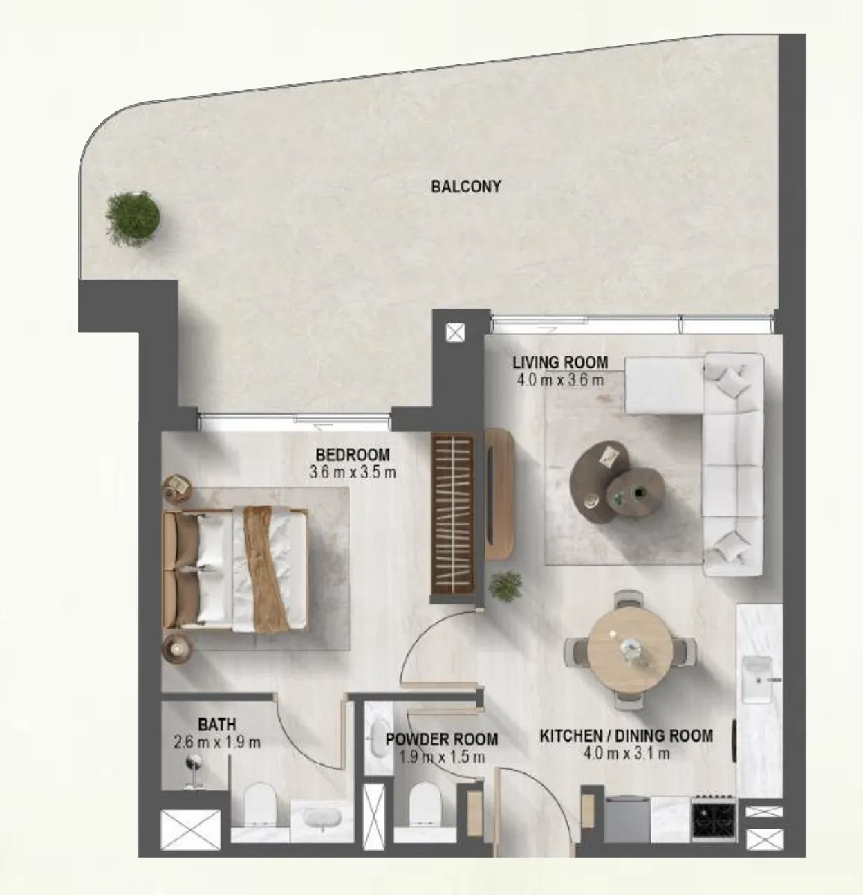 Sanctuary 1 bed floor plan, 947 – 978 sqft