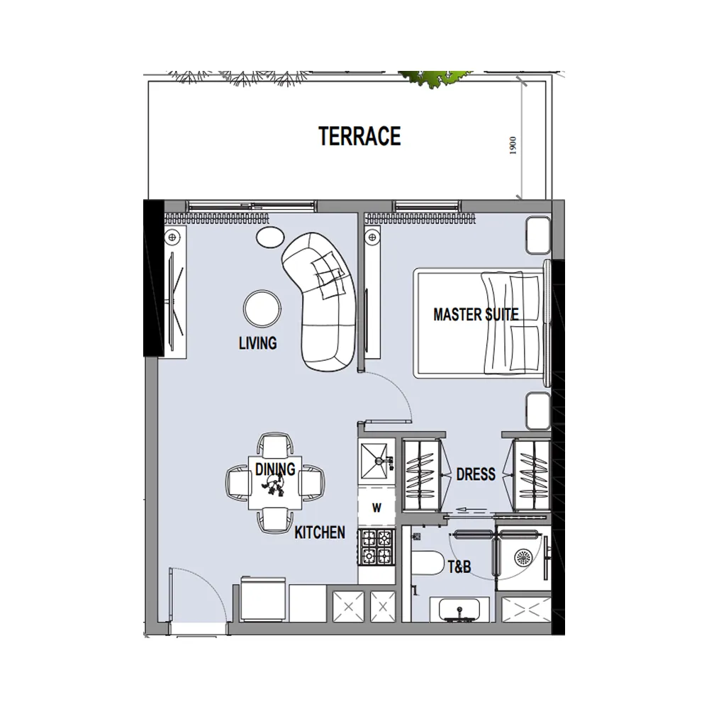 Verso 1 bed floor plan, 621 sqft