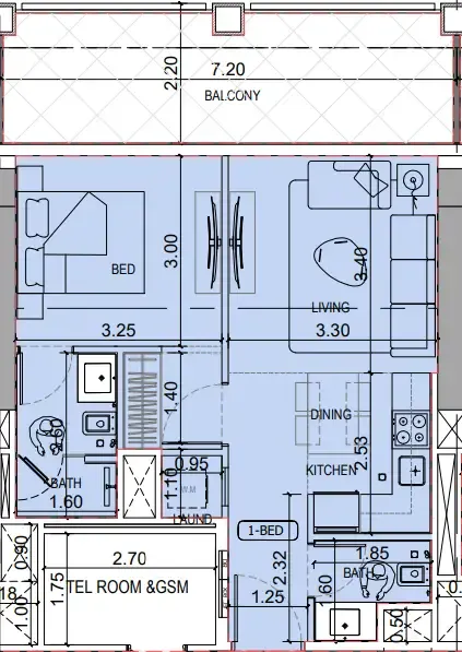 Binghatti Titania 1 bed floor plan, 674 sqft