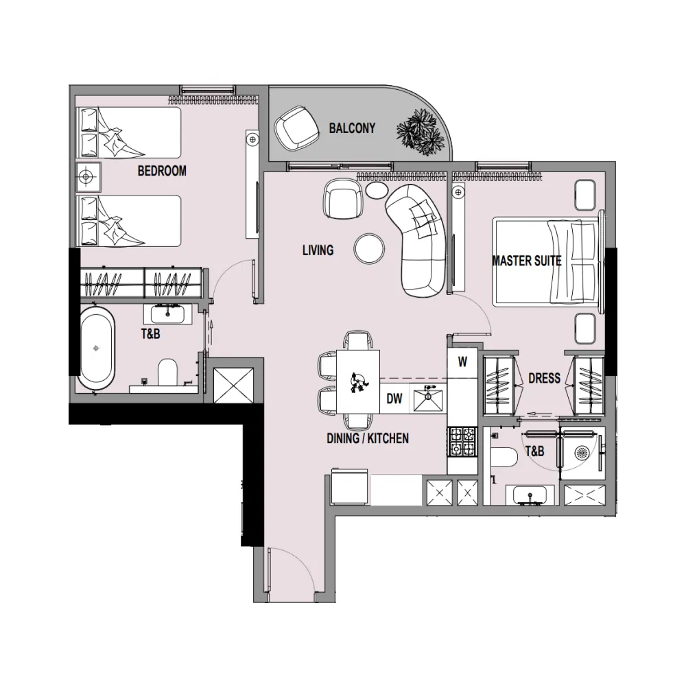 Verso 2 bed floor plan, 823 sqft