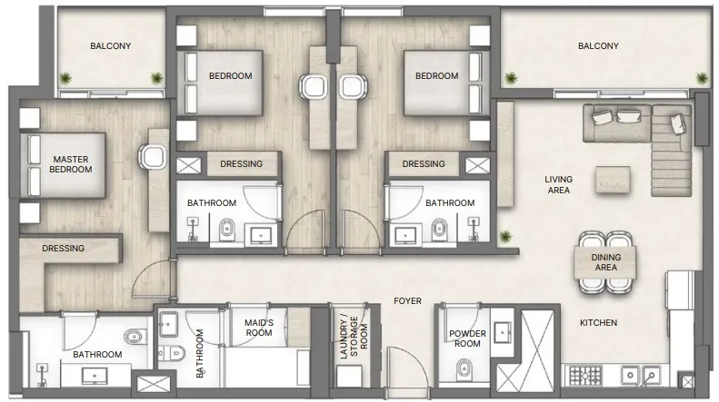 Al Hamra Greens 3 bed floor plan, 1,662 sqft
