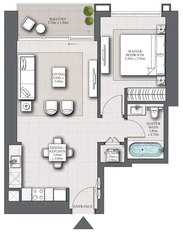 Marina Shores 1 bed floor plan, 745 sqft