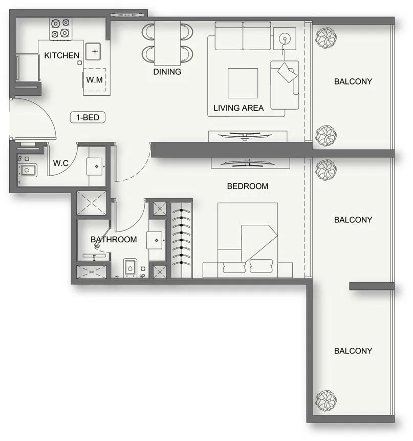 Binghatti Cullinan 1 bed floor plan, 723 – 815 sqft