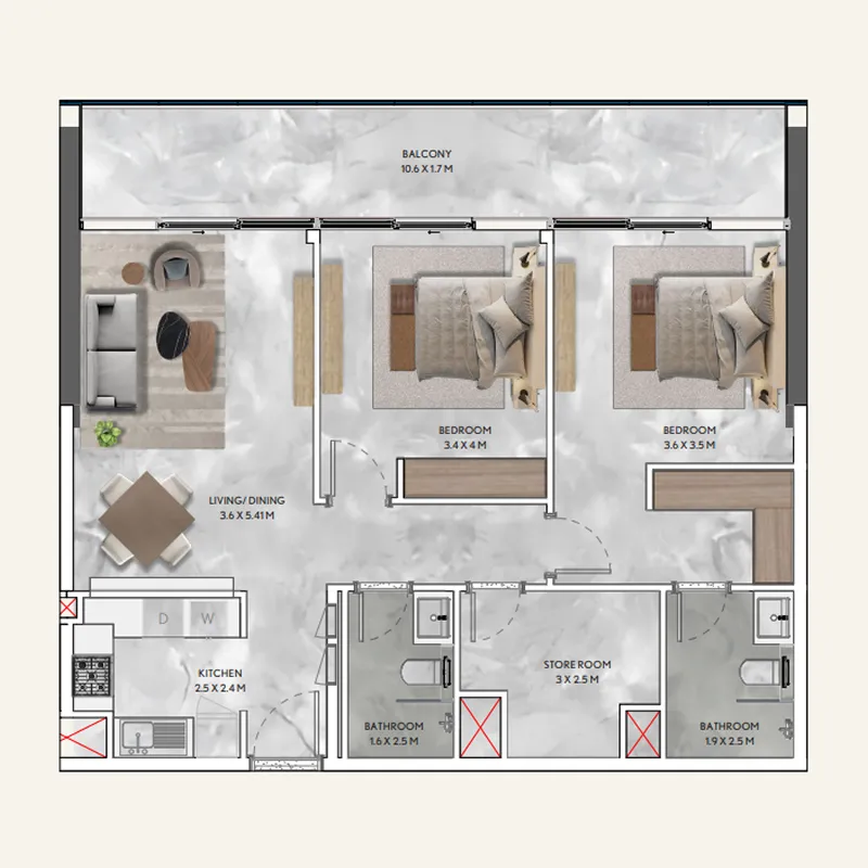 California Residences 2 bed floor plan, 1,154 sqft