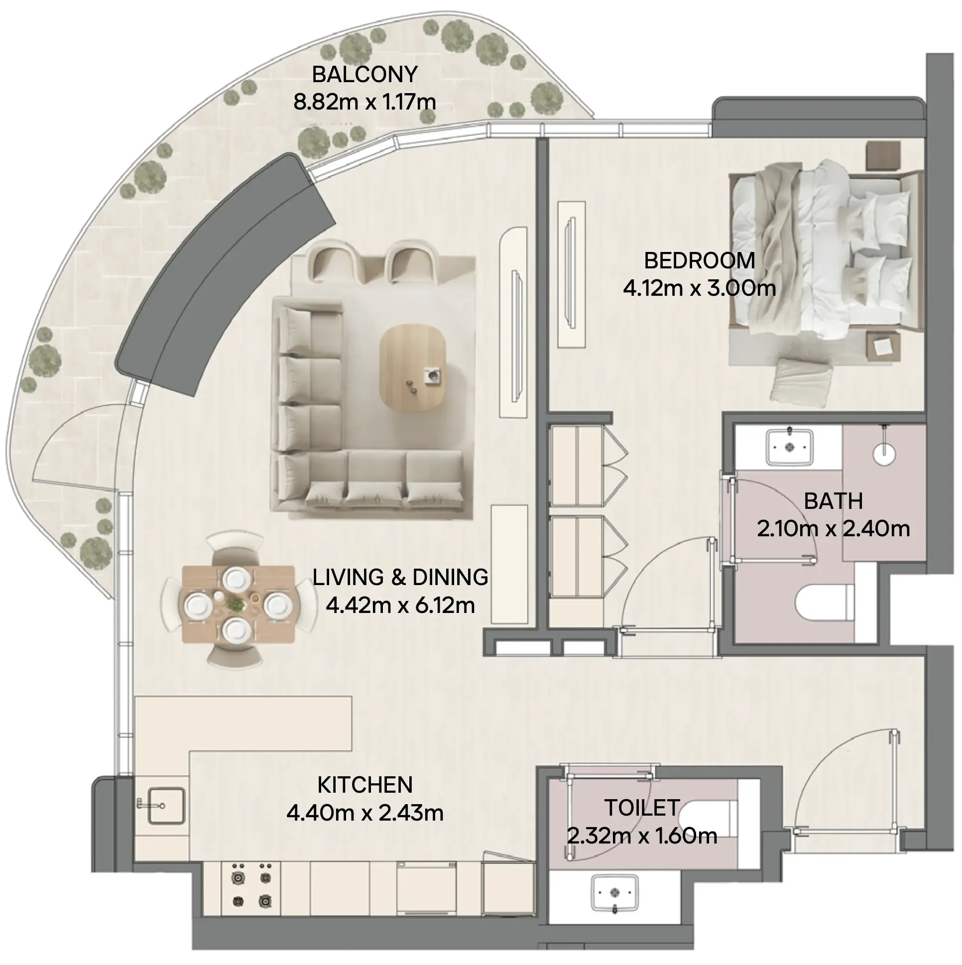 Mirasol II 1 bed floor plan, 882 sqft