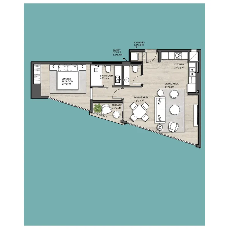 Vistal by Victoria Swarovski 1 bed floor plan, 756 sqft