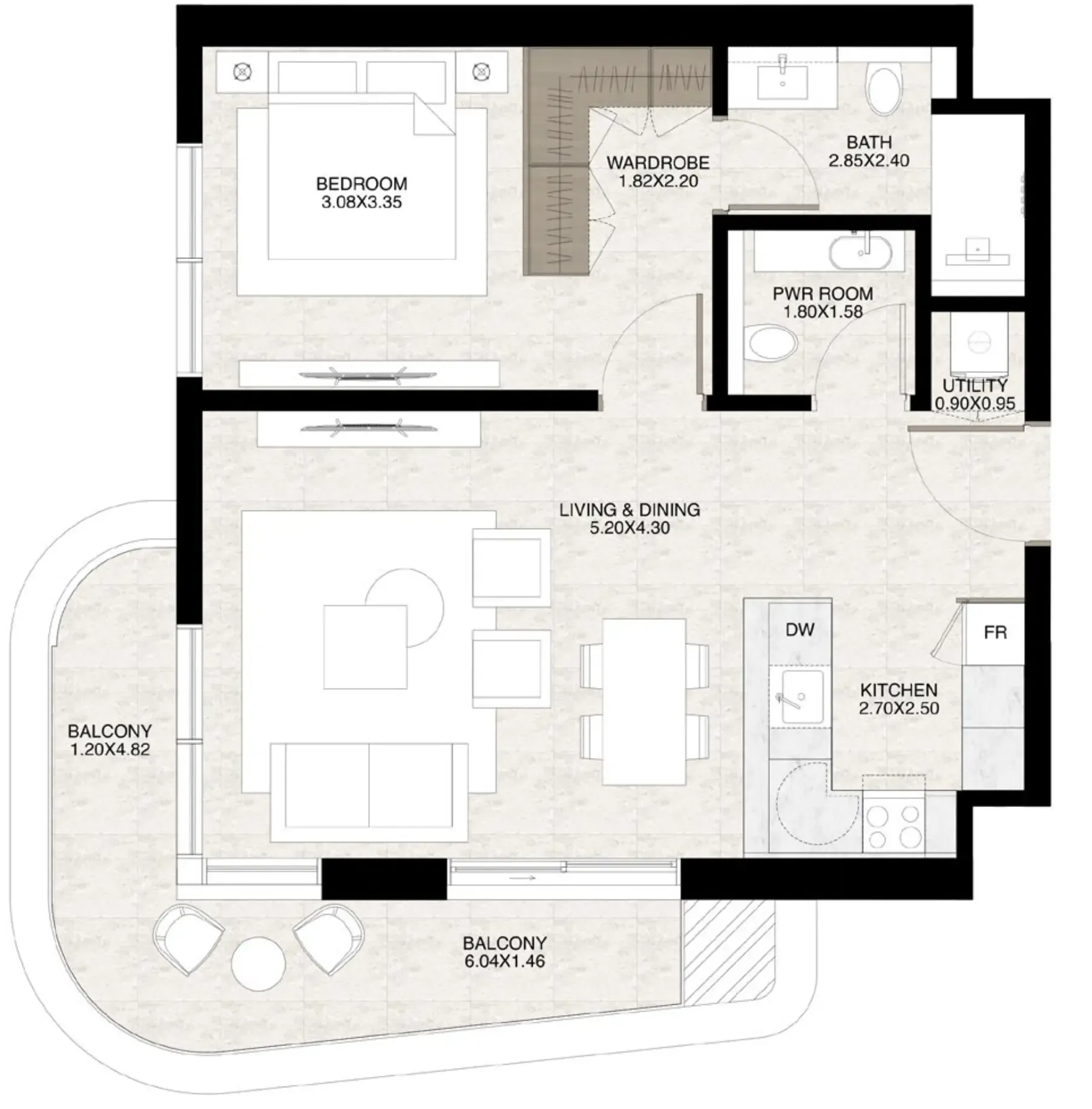 The Strand Lunara 1 bed floor plan, 838 sqft