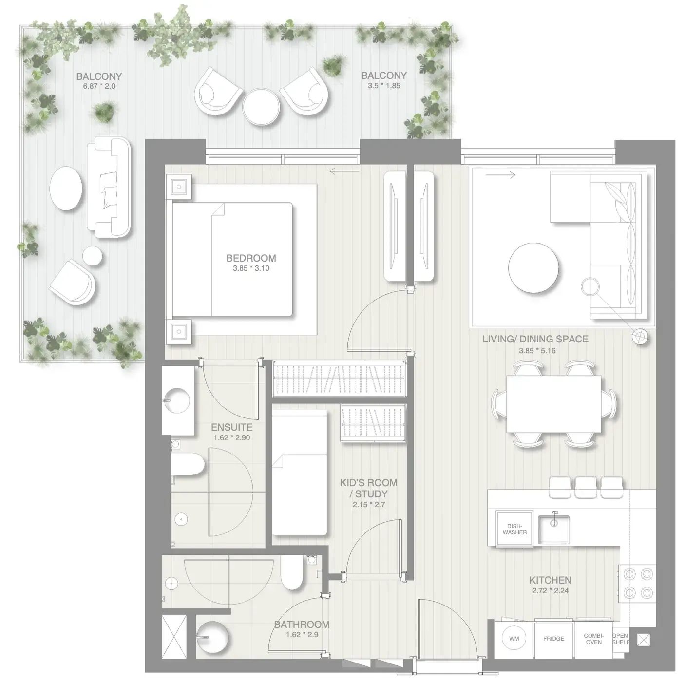 Sol Levante 1 bed floor plan, 925 sqft