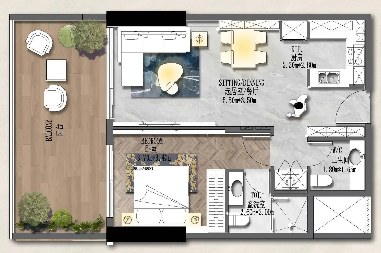 Forest City 2 1 bed floor plan, 800 sqft