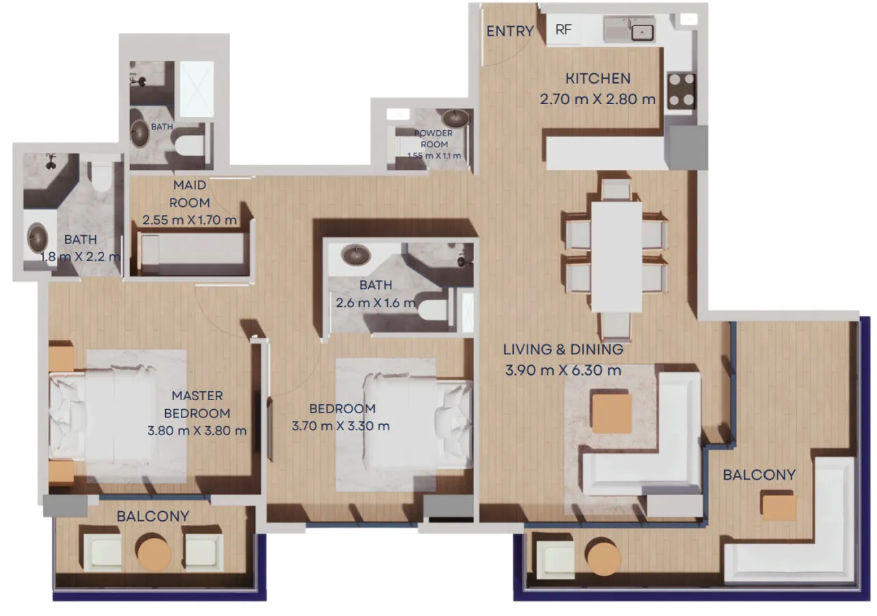 Manam Pearl 2 bed floor plan, 1,229 sqft