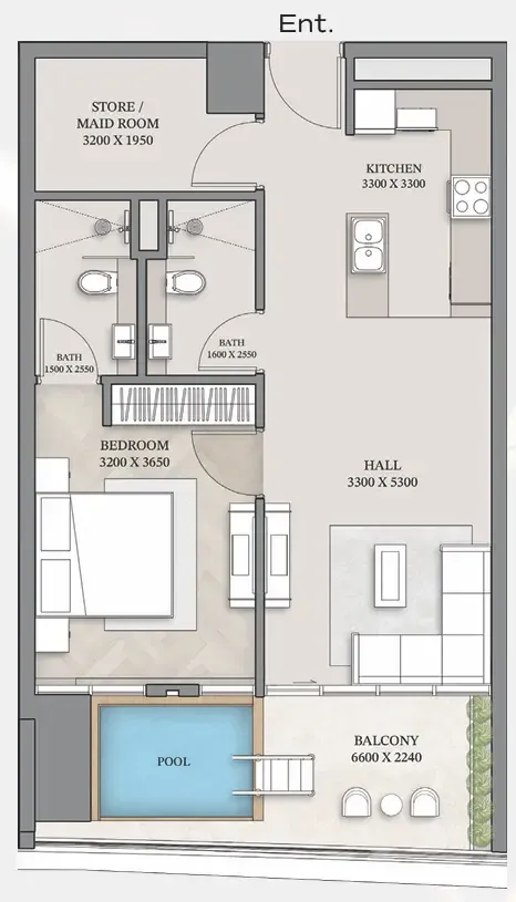 Empire Gardens 1 bed floor plan, 831 sqft