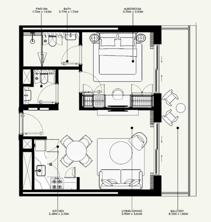 Azizi Venice 1 bed floor plan, 689 sqft