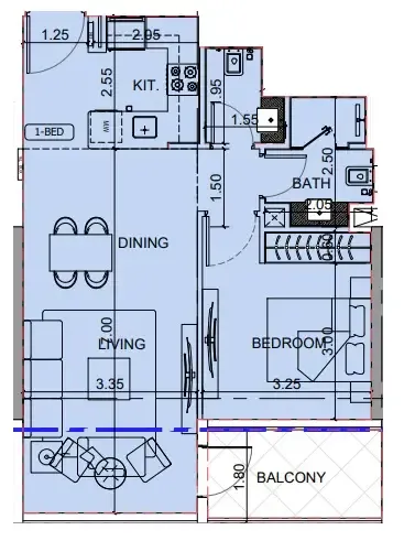 Binghatti Cullinan 1 bed floor plan, 691 sqft