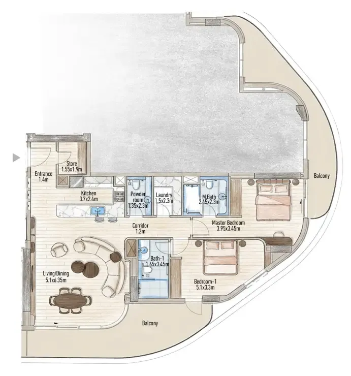 Flow 25 2 bed floor plan, 1,634 sqft