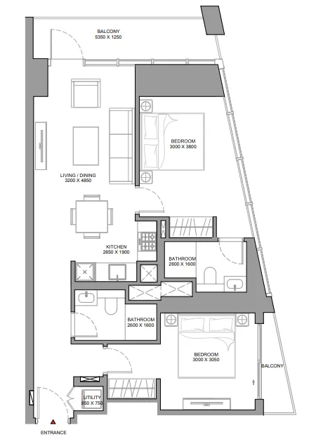 The Horizon at Sobha Central 2 bed floor plan, 956 – 957 sqft
