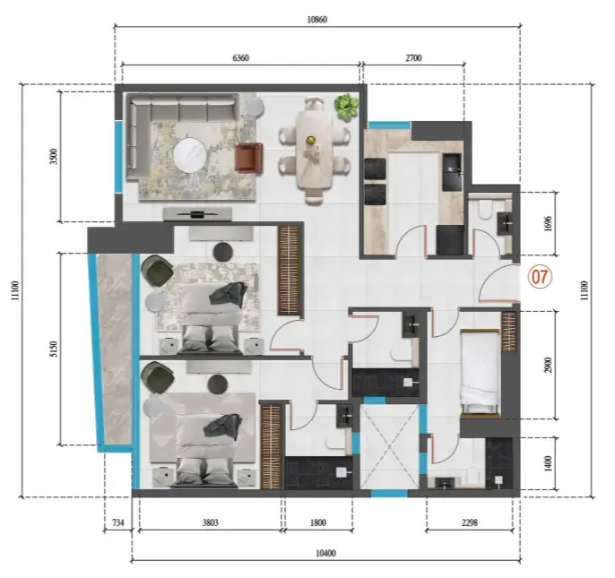 Faradis Tower 2 bed floor plan, 1,158 sqft
