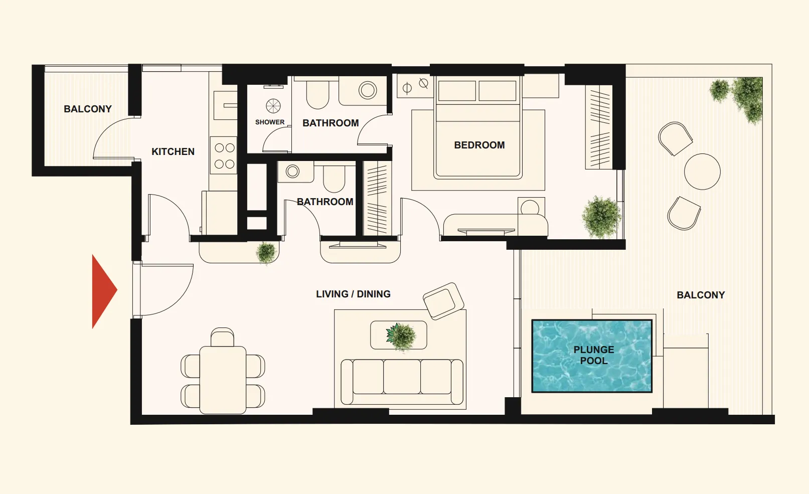 The Elysian 1 bed floor plan, 1,006 sqft