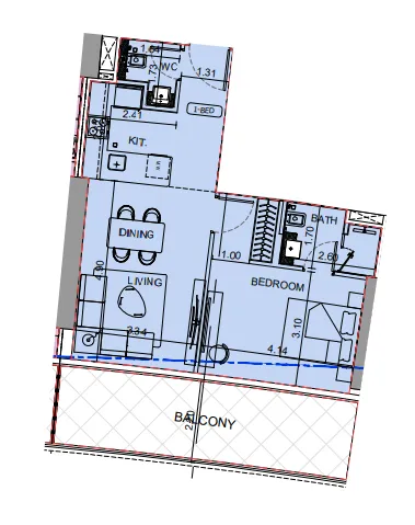 Binghatti Aquarise 1 bed floor plan, 811 sqft