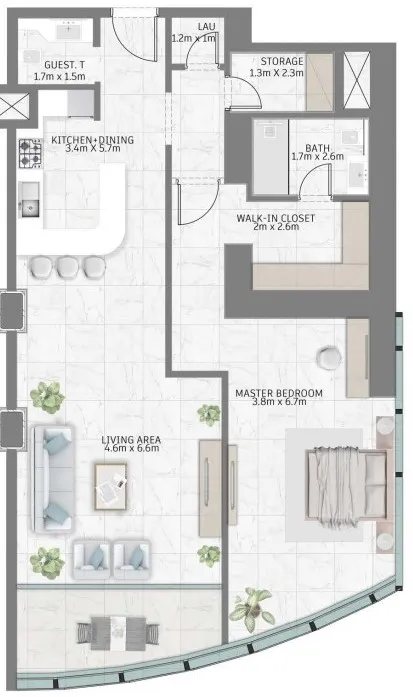 Al Habtoor Tower 1 bed floor plan, 1,255 sqft