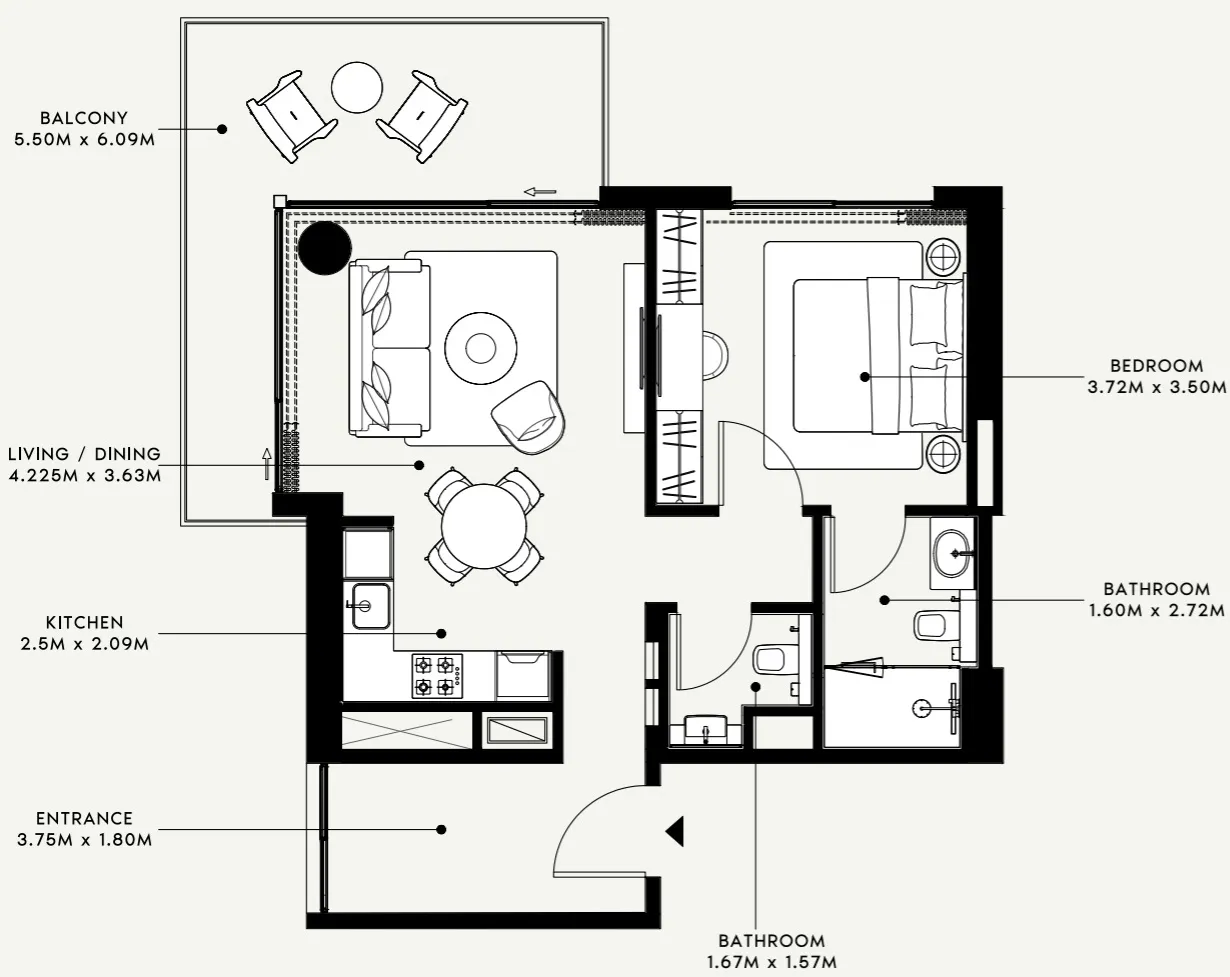 Azizi Venice 1 bed floor plan, 794 sqft