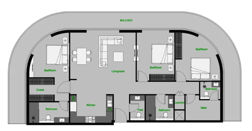 The Central Downtown 3 bed floor plan, 2,204 sqft