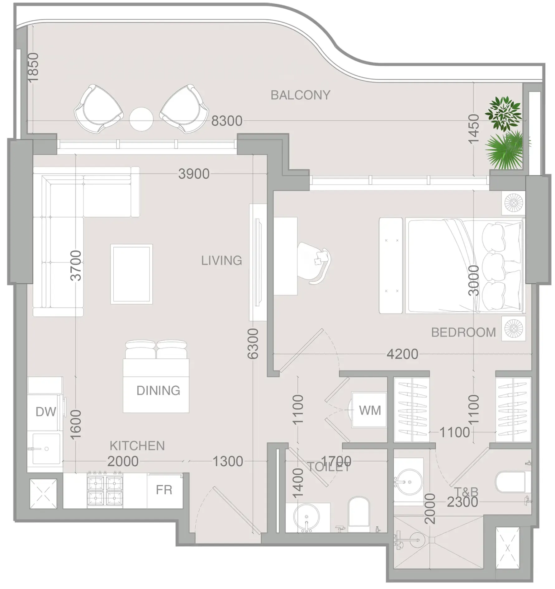 ALTA V1EW 1 bed floor plan, 743 sqft